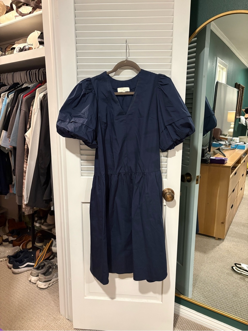 Pinch Navy Puff-Sleeve V-Neck Midi Dress